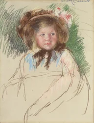 Sara in dunklem Bonnet unter ihrem Kinn gebunden, um 1901